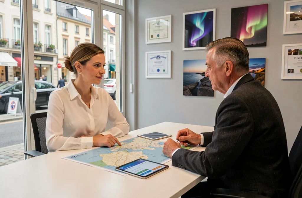 Agent de voyage conseillant un client pour choisir une croisière aurore boréale et obtenir un devis personnalisé