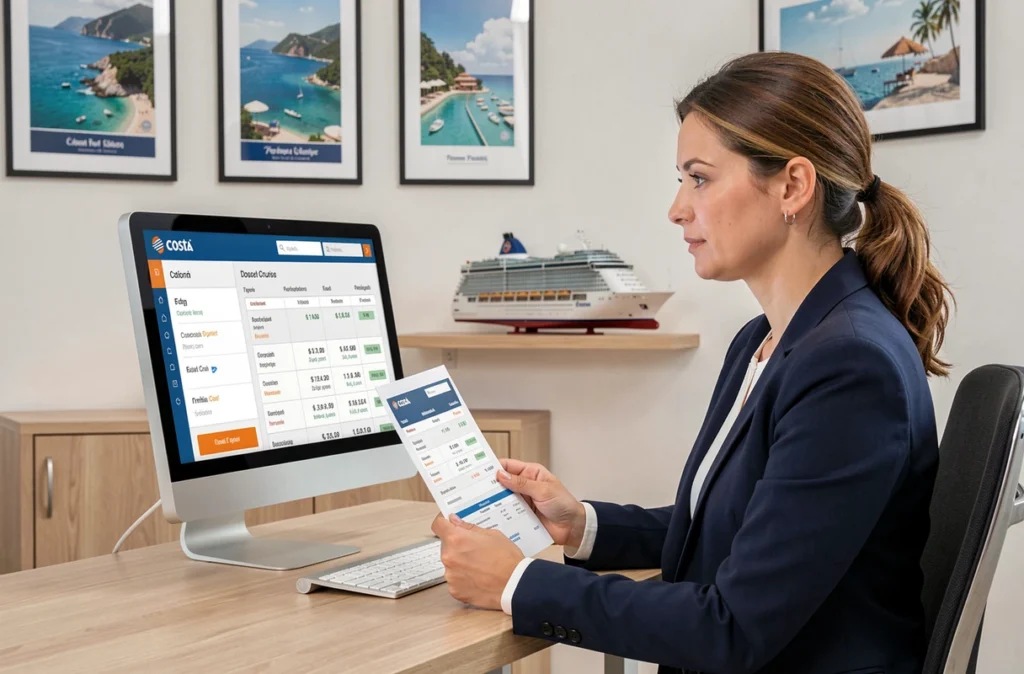 Agent de voyage consultant les tarifs d'une croisière Costa sur ordinateur dans une agence moderne