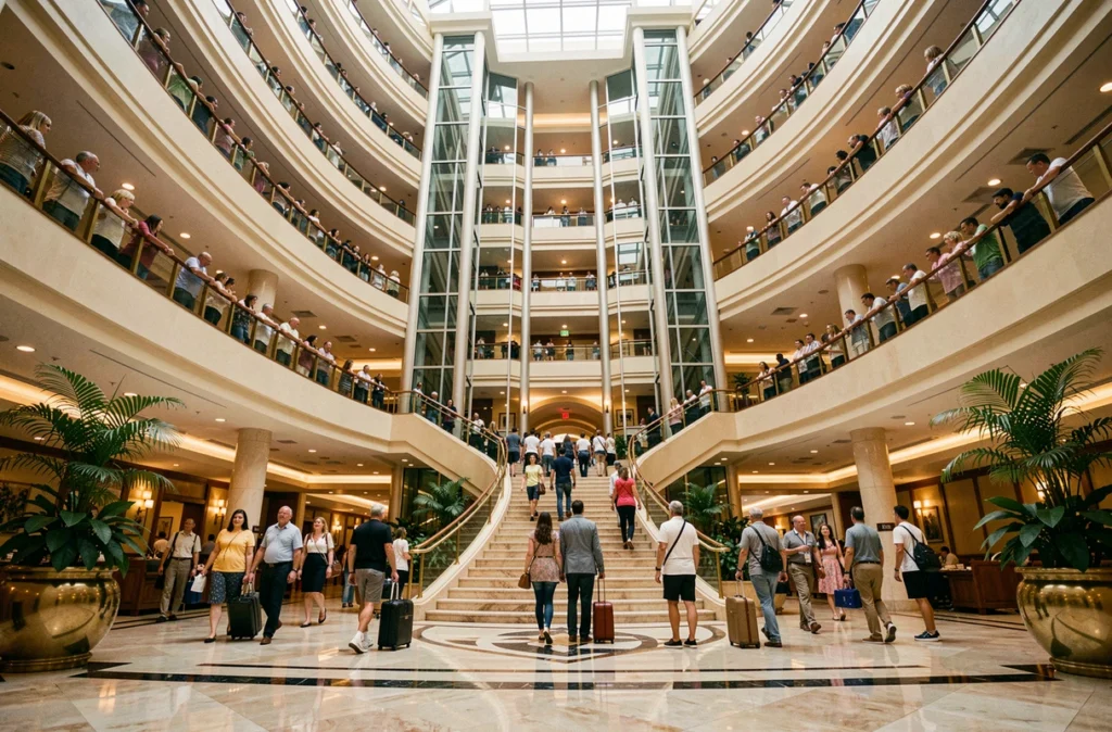 Atrium intérieur d'un paquebot de croisière avec plusieurs niveaux de passagers et escaliers centraux