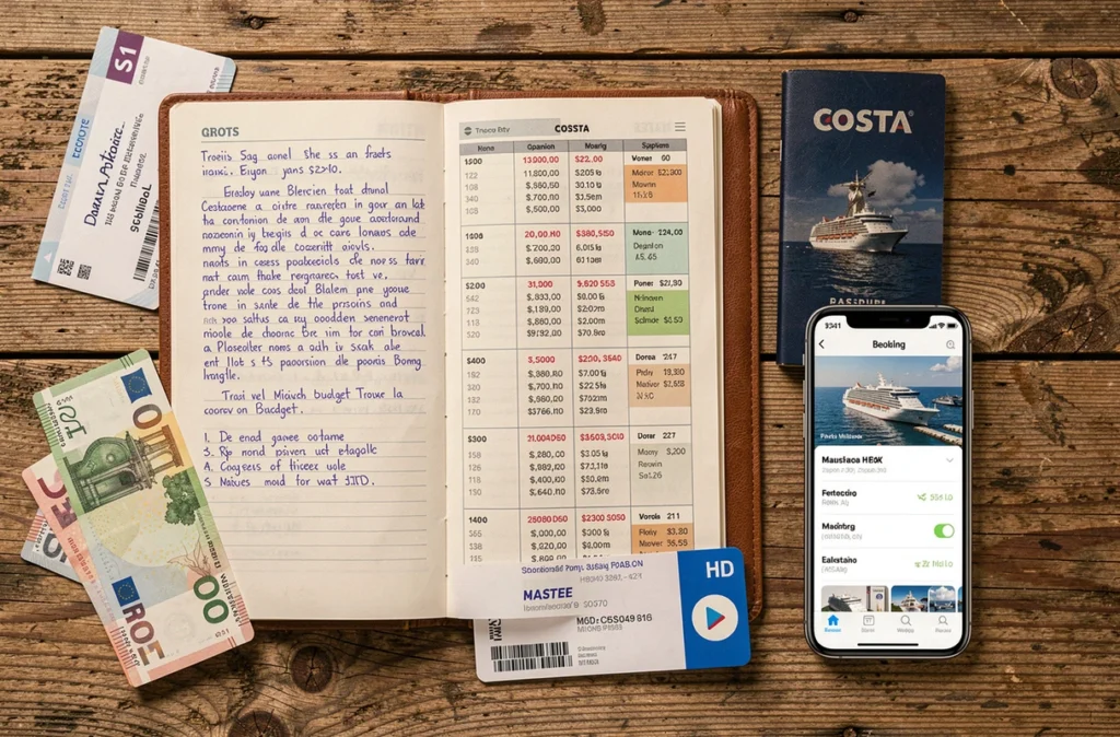 Budget de croisière Costa planifié avec billets, passeport et euros sur une table en bois