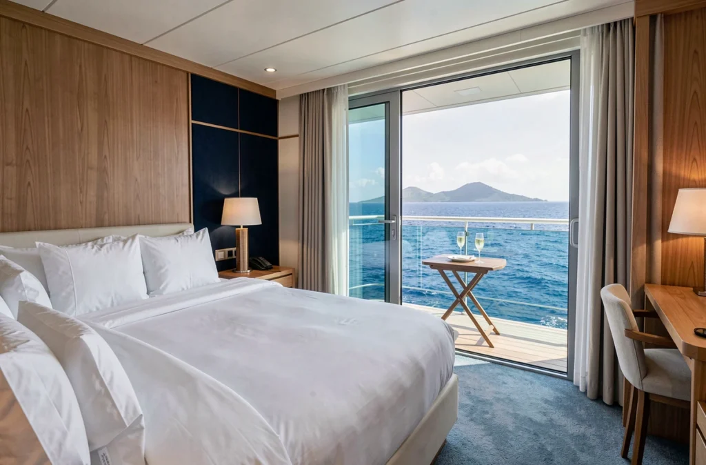 Cabine de luxe avec balcon privé sur un bateau de croisière avec vue panoramique sur la mer et une île tropicale