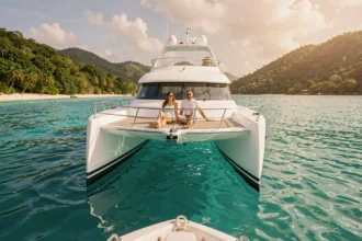 Catamaran blanc ancré dans une baie turquoise des Caraïbes avec couple se reposant sur le filet avant