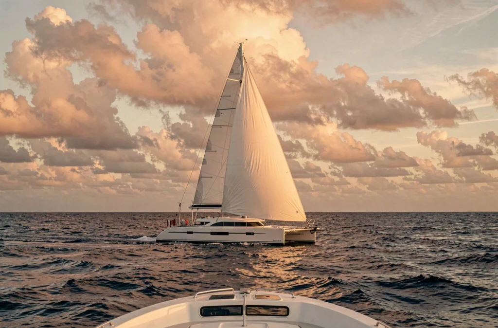 Catamaran voguant toutes voiles dehors au coucher du soleil dans les Caraïbes avec ciel doré et mer calme