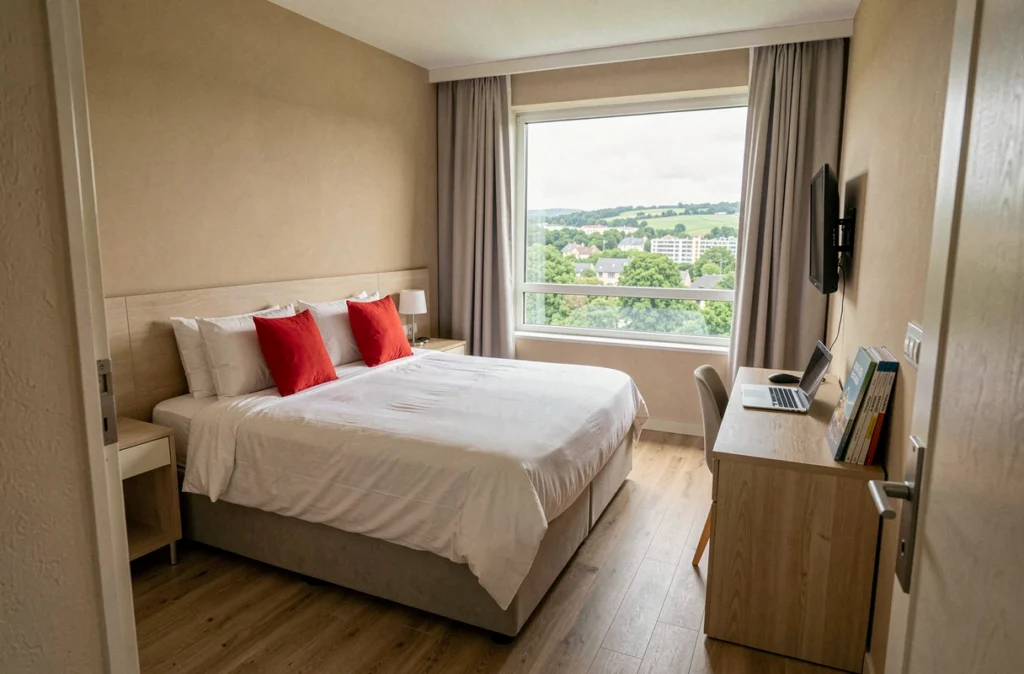 Chambre propre et fonctionnelle d'un hôtel Ibis budget à Anglet avec vue sur la verdure basque