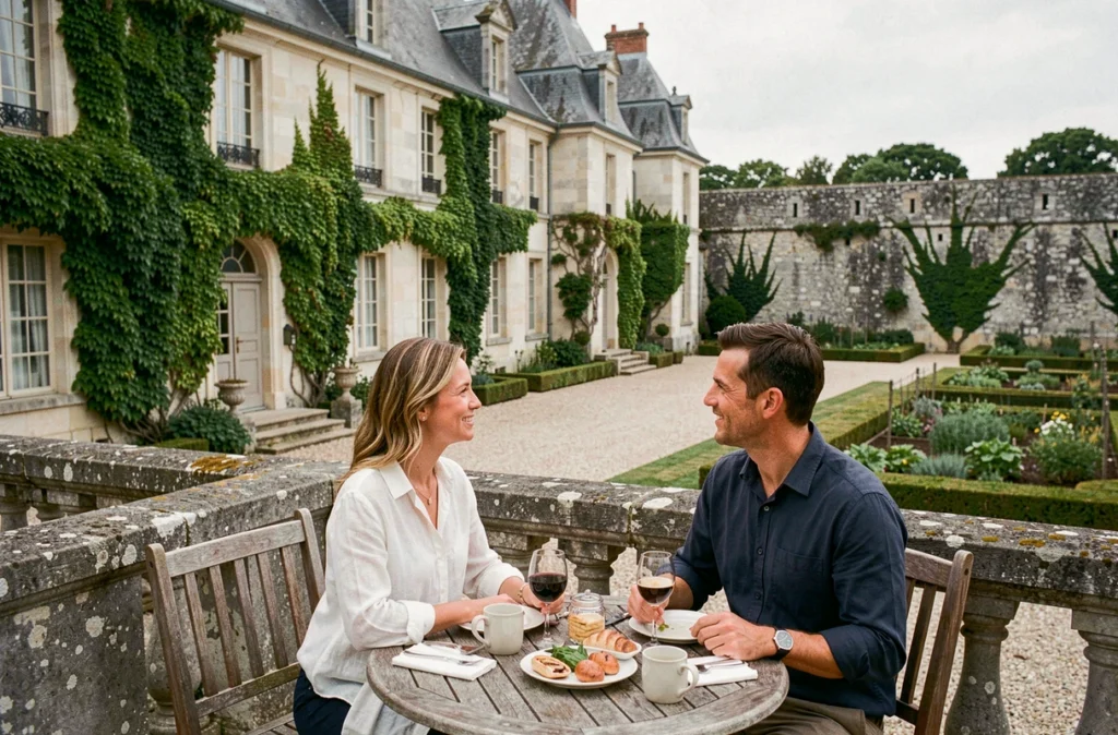 Couple prenant le petit-déjeuner sur la terrasse du Château de l'Épinay en Anjou, domaine éco-luxe avec jardin formel