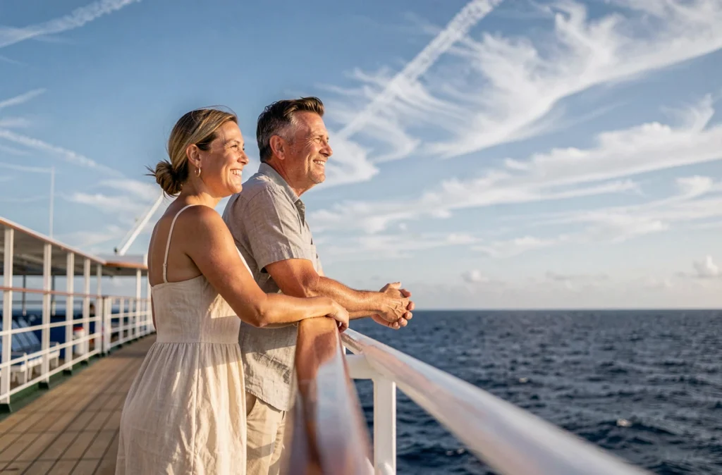 Couple en voyage sur le pont d'un paquebot de croisière contemplant l'océan Atlantique vers les Caraïbes