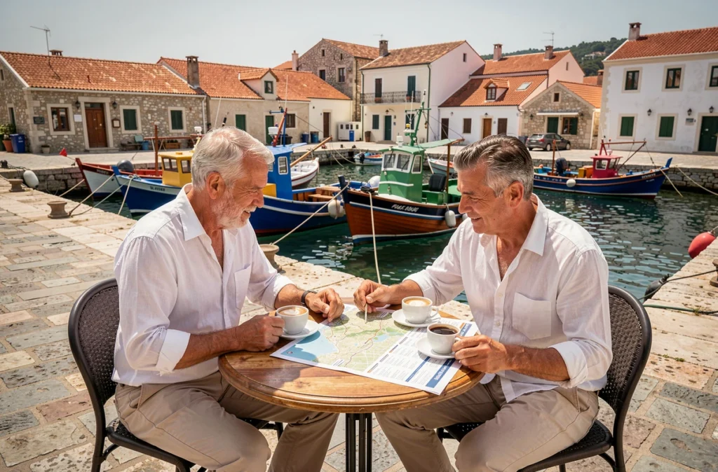Couple consultant un itinéraire de croisière dans les îles grecques depuis une terrasse de café au bord du port