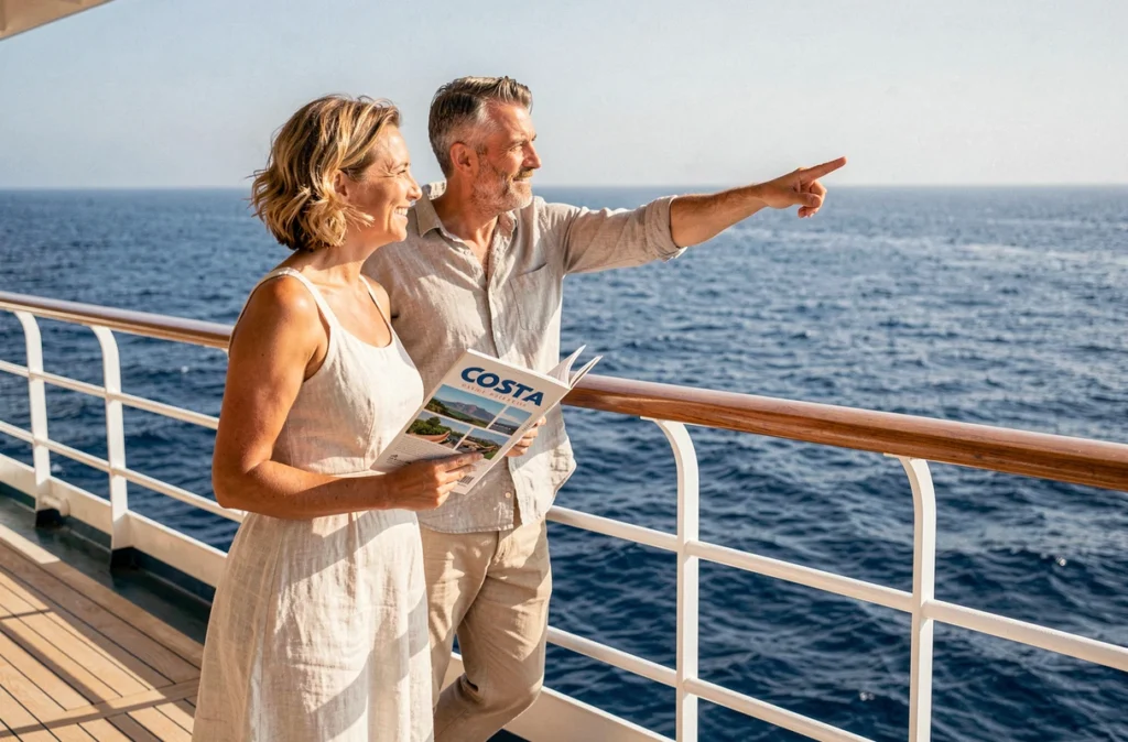 Couple de voyageurs profitant de la vue sur la mer Méditerranée depuis le pont d'un bateau de croisière Costa