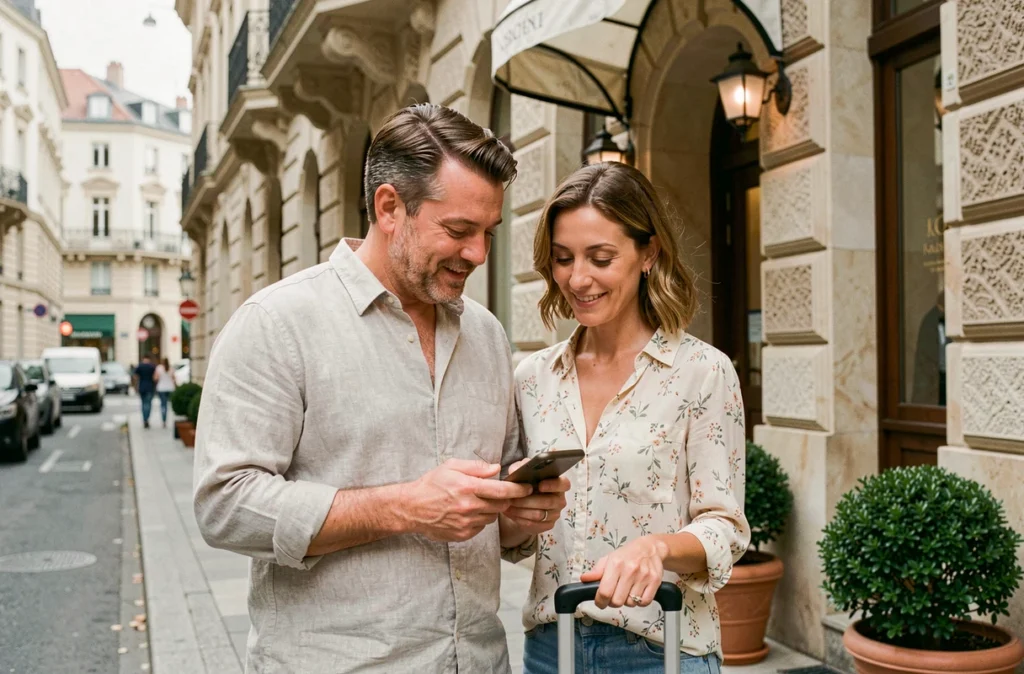 Couple consultant une application de réservation d'hôtel à la journée devant l'entrée d'un hôtel boutique en ville