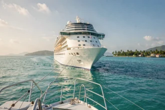 Grand navire de croisière naviguant dans les eaux turquoise des Caraïbes avec une côte tropicale en arrière-plan