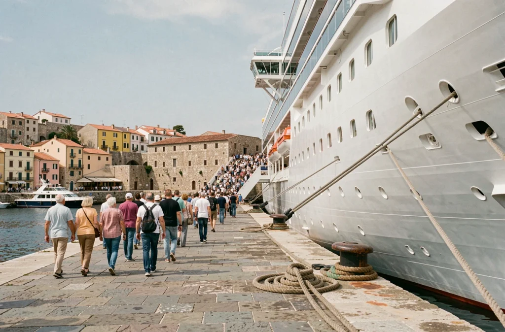 Débarquement de centaines de passagers d'un grand navire de croisière dans un port méditerranéen