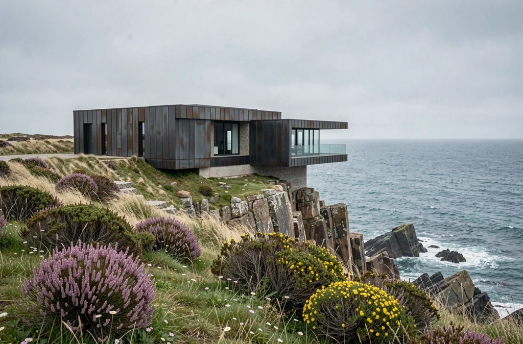 Architecture contemporaine du Dek Hôtel perché sur les rochers de Landunvez face à l'Atlantique