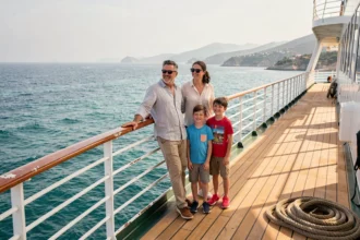 Famille en croisière sur le pont d'un bateau regardant la mer Méditerranée