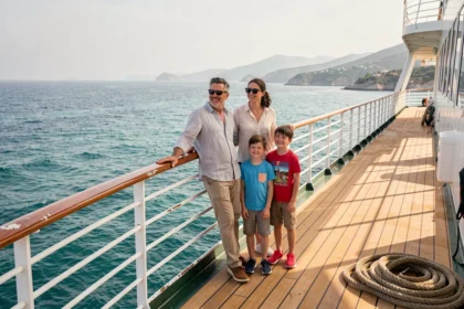 Famille en croisière sur le pont d'un bateau regardant la mer Méditerranée