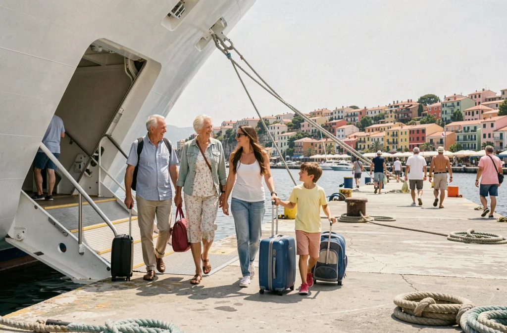 Famille multigénérationnelle débarquant d'un bateau de croisière dans un port méditerranéen