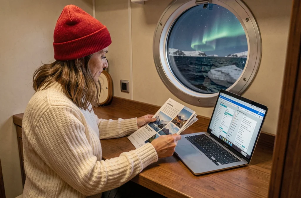 Femme consultantdes brochures de croisière aurore boréale dans une cabine de navire polaire