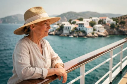 Femme en chapeau de paille admirant les îles depuis le pont d'un bateau de croisière en Méditerranée