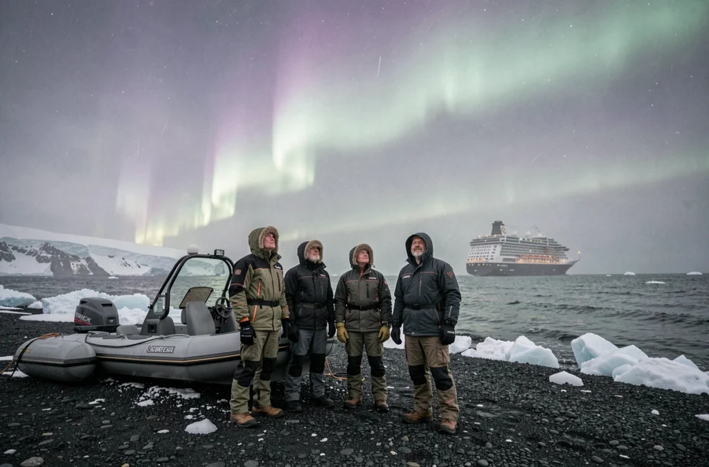 Groupe de voyageurs en excursion depuis un navire de croisière polaire sous une aurore boréale violette et verte