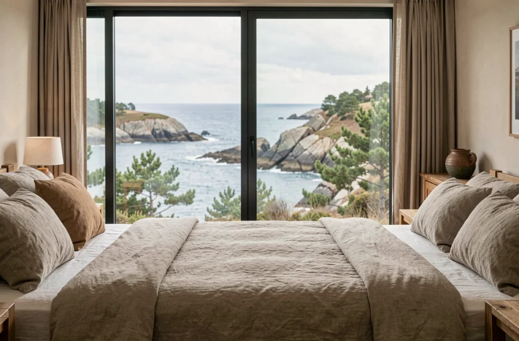 Chambre panoramique de l'Hôtel Ar Men Du à Névez avec vue sur la côte rocheuse