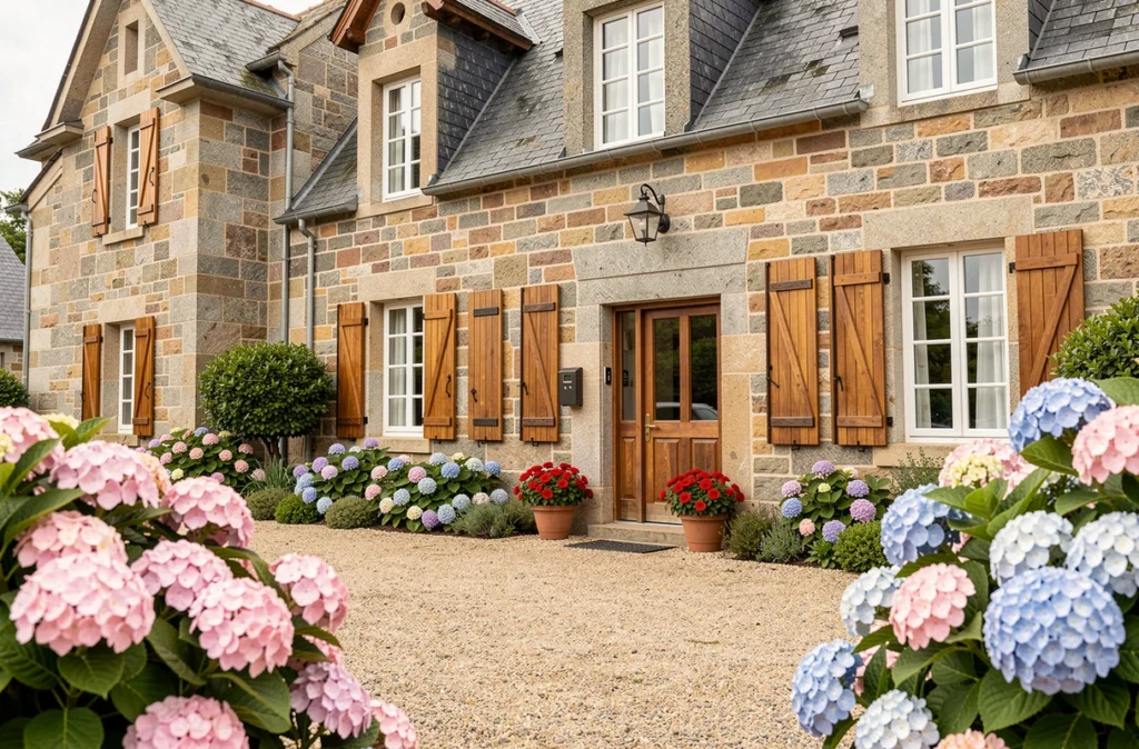 Façade en granit de l'Hôtel Brittany & Spa à Roscoff entourée d'hortensias
