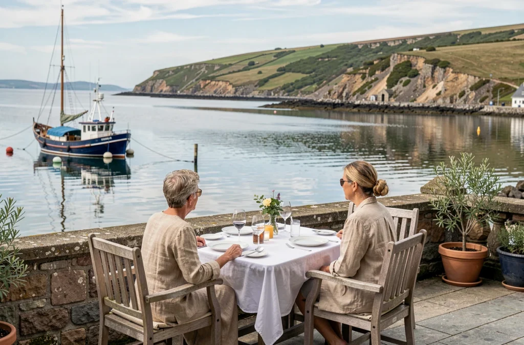 Terrasse restaurant de l'Hôtel Valdys avec vue sur la baie de Douarnenez
