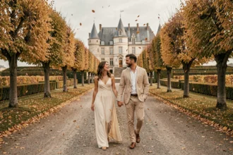 Couple romantique se promenant devant un château de la Loire en automne, ambiance élégante et champêtre