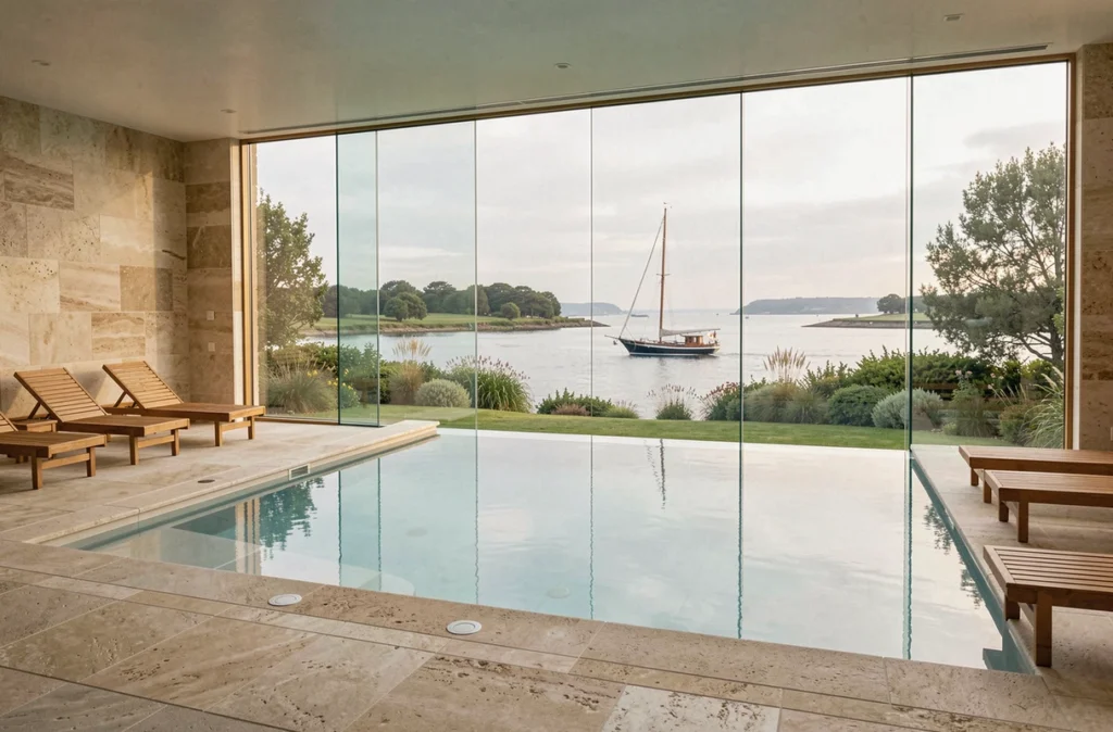 Piscine bien-être du Kastel Wellness Hotel à Bénodet avec vue sur l'estuaire de l'Odet