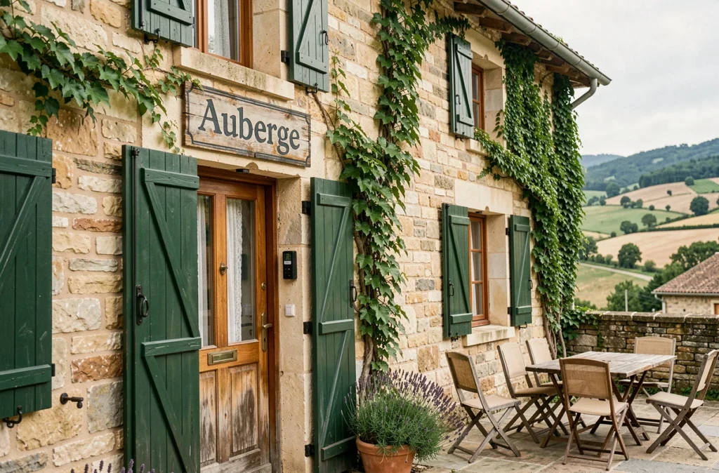 Façade en pierre de la Logis Hôtel Auberge d'Aranc avec terrasse et volets verts