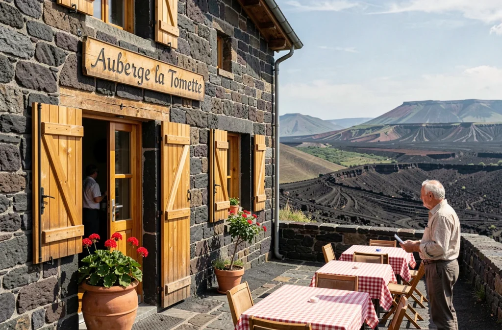 Façade en basalte de l'Auberge la Tomette avec terrasse et paysage volcanique auvergnat