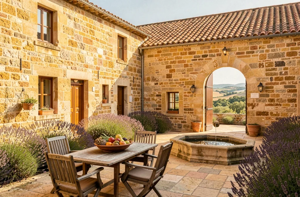 Cour de la Bastide du Vébron en pierre dorée avec lavande et terrasse provençale