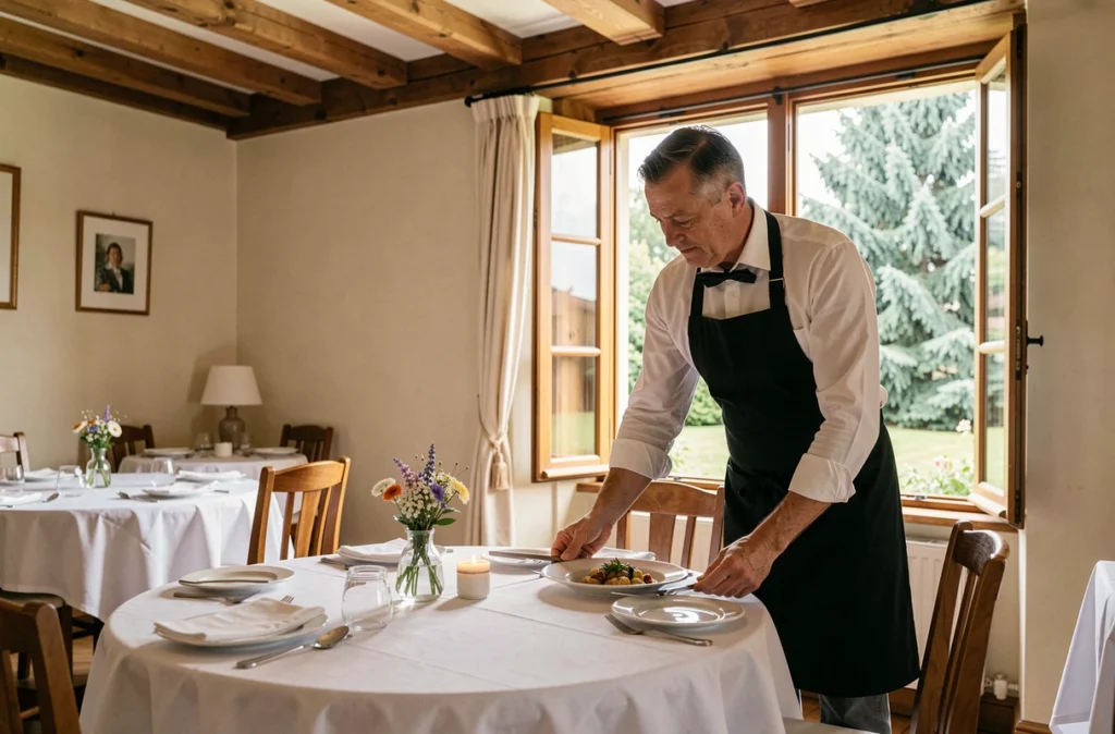 Salle à manger du Logis Hôtel les Cèdres avec décor rustique et jardin visible