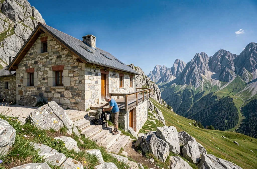 Logis Hôtel le Mont Barral perché sur un plateau du Vercors avec randonneur