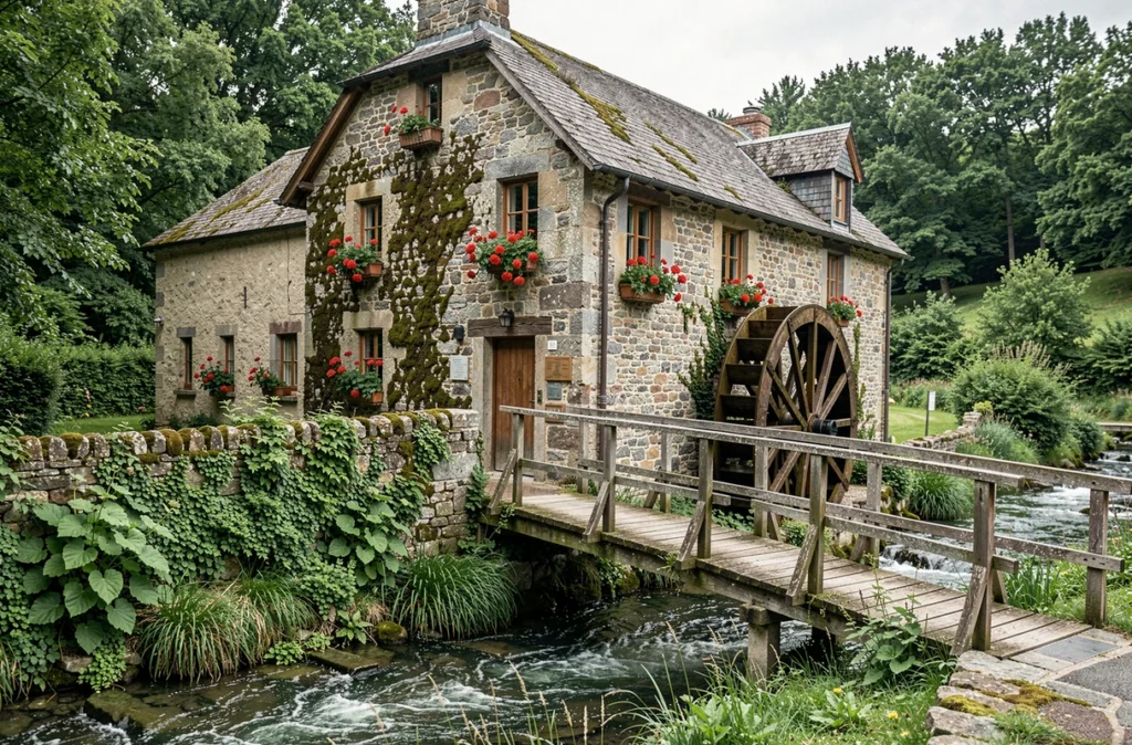 Moulin de la Pipe converti en hôtel avec roue à eau et ruisseau au premier plan