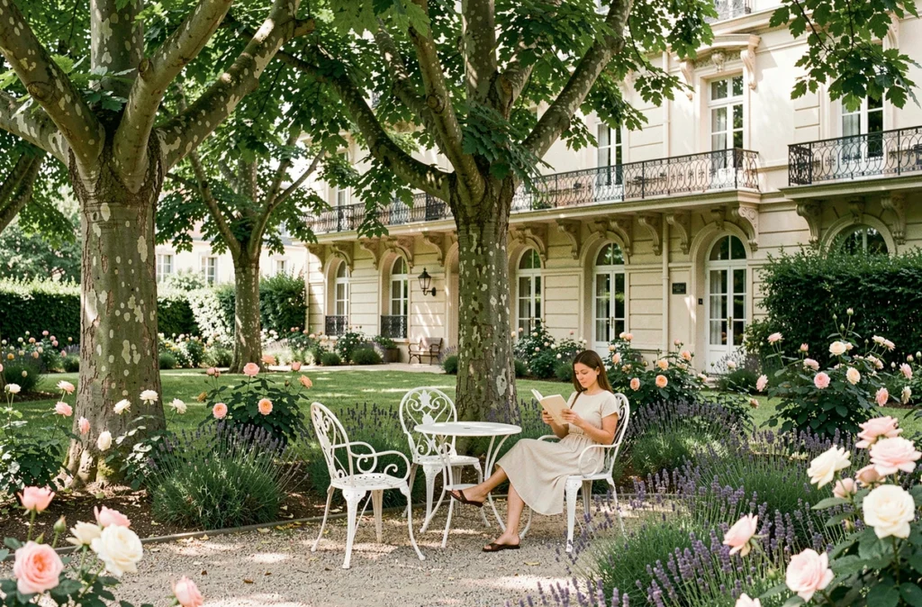 Jardin ombragé de la Villa des Fleurs avec marronniers et façade Belle Époque