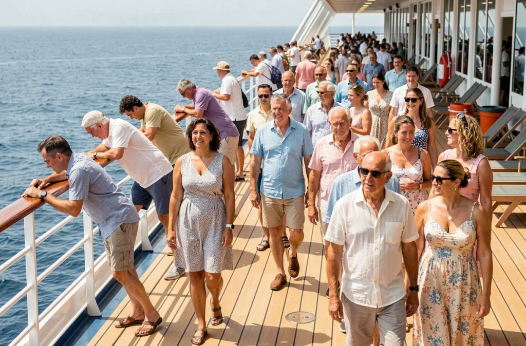 Passagers de croisière se promenant sur le pont extérieur d'un grand navire en pleine mer