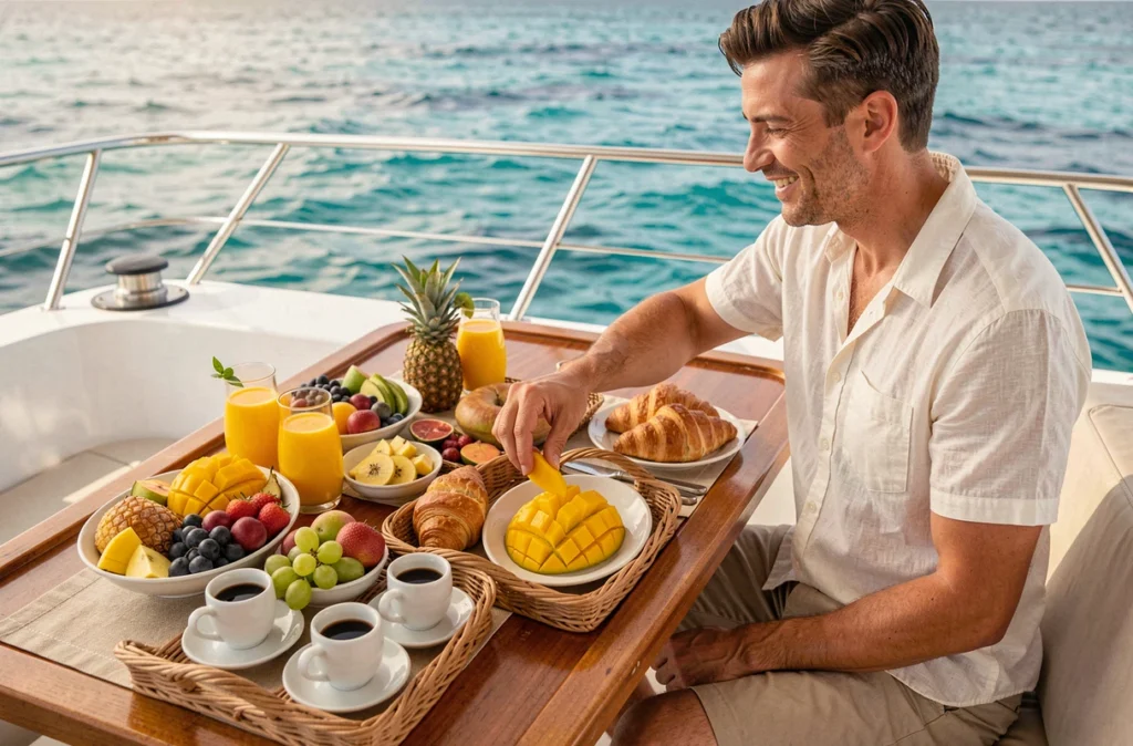 Petit-déjeuner tout compris servi sur le pont d'un catamaran avec vue sur la mer des Caraïbes