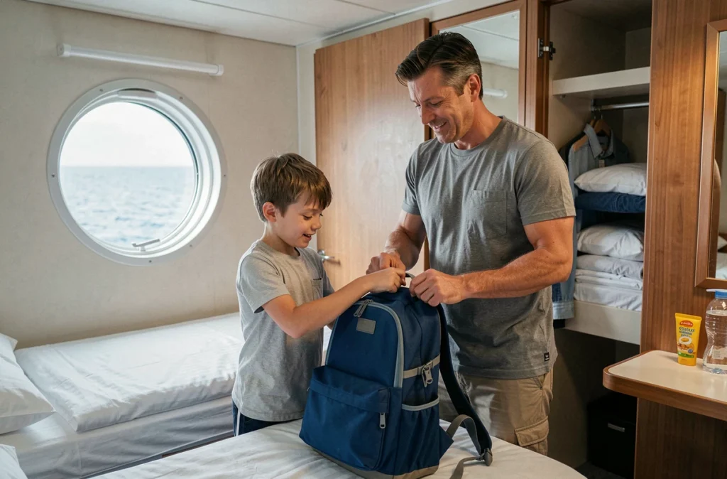 Père et fils préparant un sac à dos dans une cabine de bateau de croisière