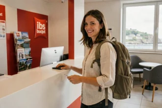 Voyageuse souriante en train de s'enregistrer à la réception d'un hôtel Ibis budget près de Biarritz Anglet