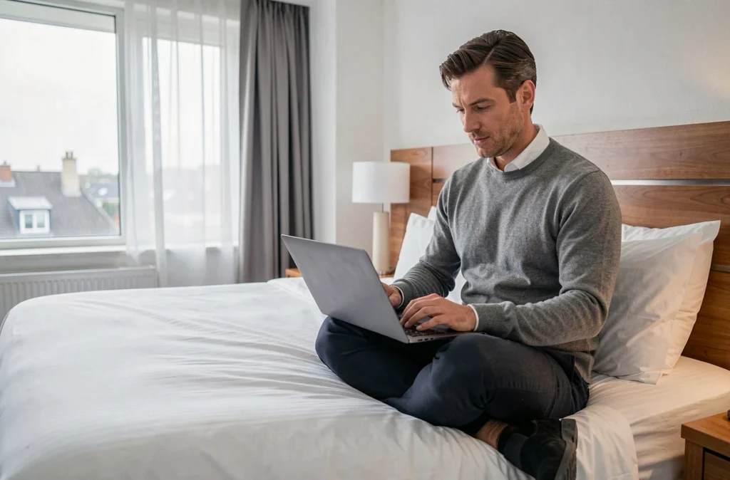Homme recherchant un hôtel disponible dans la journée sur son ordinateur portable dans une chambre d'hôtel contemporaine