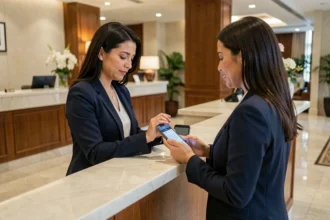 Femme réservant un hôtel dans la journée via son smartphone à la réception d'un hôtel moderne