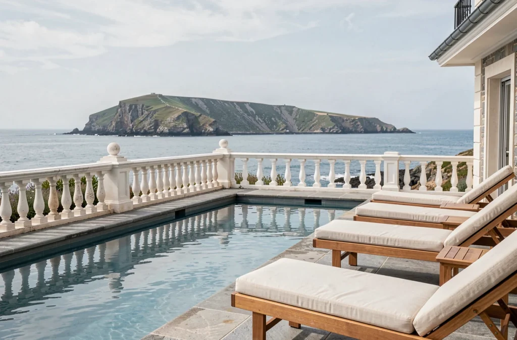 Terrasse spa avec piscine face à la mer à l'hôtel Sainte-Barbe au Conquet