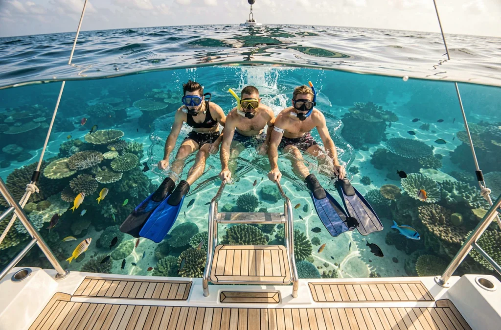Groupe de touristes en train de faire de la plongée en apnée depuis le catamaran au-dessus d'un récif coralien caribéen