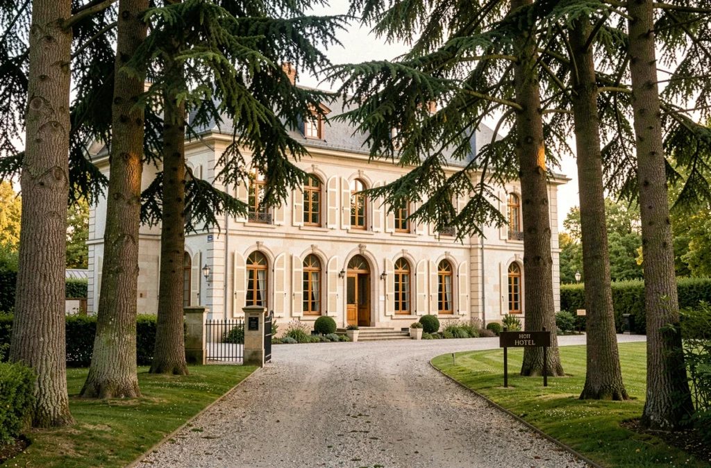 Façade du Teritoria les Cèdres Hôtel entourée de grands cèdres majestueux