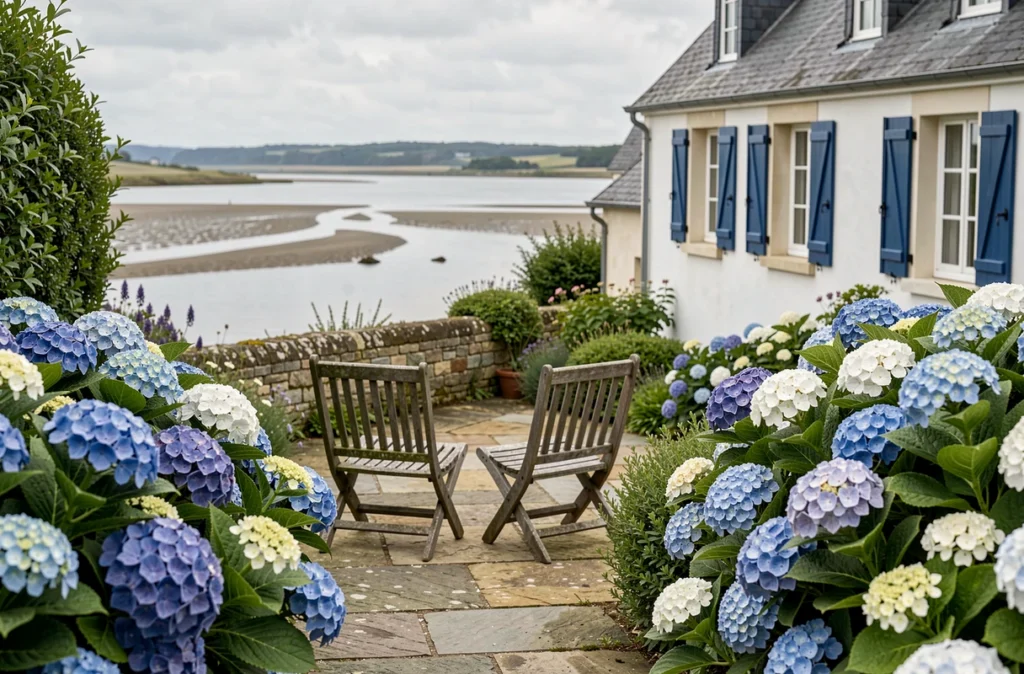 Jardin fleuri de la Villa Tri Men à Sainte-Marine avec vue sur l'estuaire de l'Odet