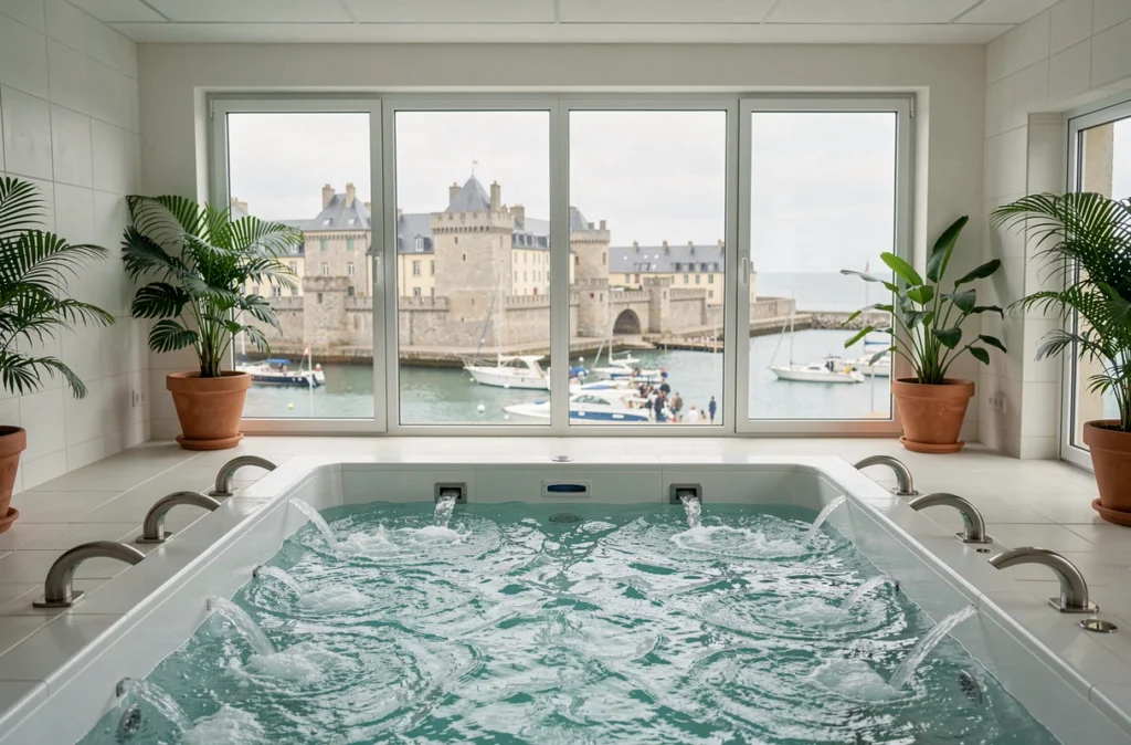 Piscine de thalassothérapie avec vue sur la ville close de Concarneau