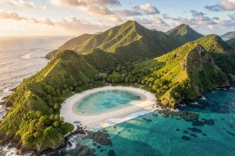 Côte tropicale des Antilles avec baie de sable blanc et collines vertes