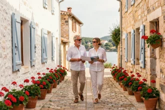 Couple se promenant dans une ruelle de Village Leucate avec une brochure immobilière, façades blanchies à la chaux et volets bleus typiques du Languedoc