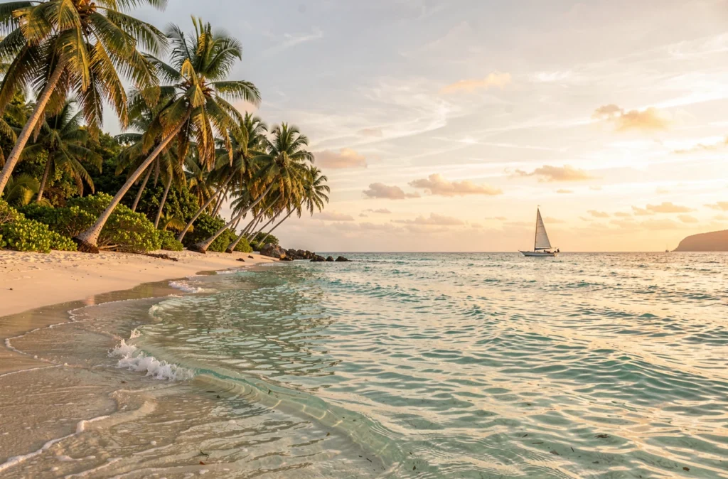 Plage de sable avec cocotiers et eau turquoise au soleil couchant