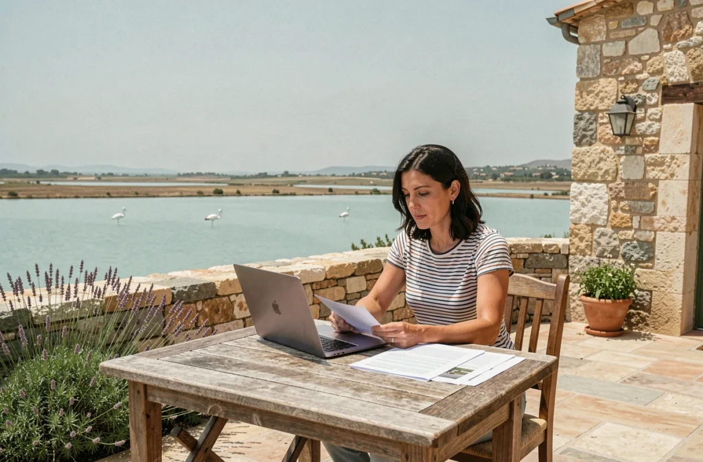 Femme consultant des documents immobiliers sur une terrasse en pierre face au lagon de Leucate, vue panoramique sur les eaux turquoise et la végétation méditerranéenne