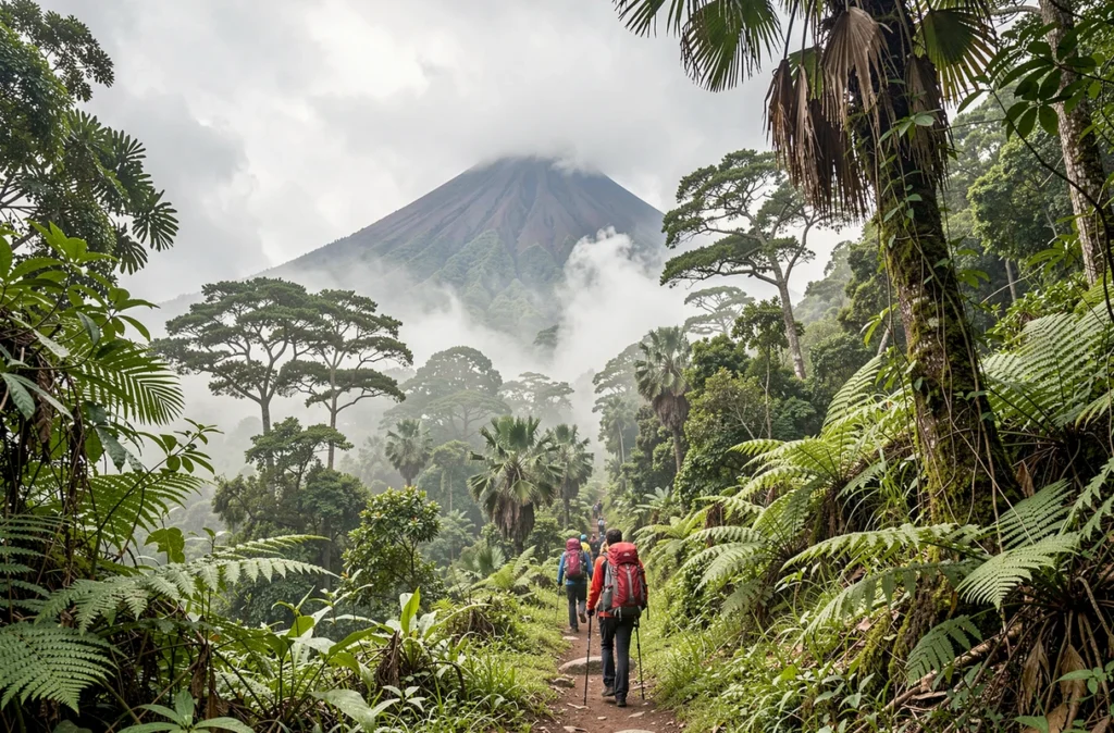 Sentier de randonnée dans la forêt tropicale brumeuse menant à un volcan